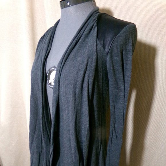 FULL TILT Cardigan Sweater XS Gray black pleather trim Open front Lightweight LS - Picture 2 of 11
